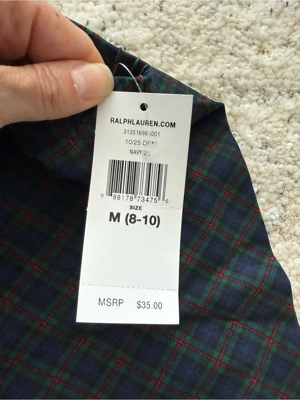 NWT Ralph Lauren Girls Leggings Plaid Navy Green Velvet Trim Size M 8-10 8 10